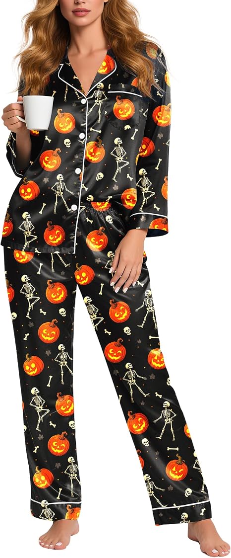 Silky Pajamas for Women 2 Piece Long Sleeve Pj Sets Women’s Satin Sleepwear Button Down Loungewear Set