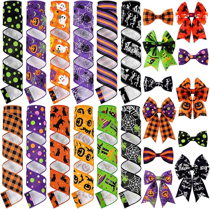 Chunful 12 Rolls 60 Yards Halloween Wired Edge Ribbon for Wreath Bow Crafts - skull wreath