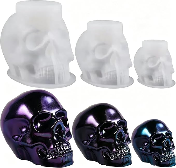 3 Sizes 3D Skull Silicone Molds, Resin Candle Molds for Halloween - skull candle