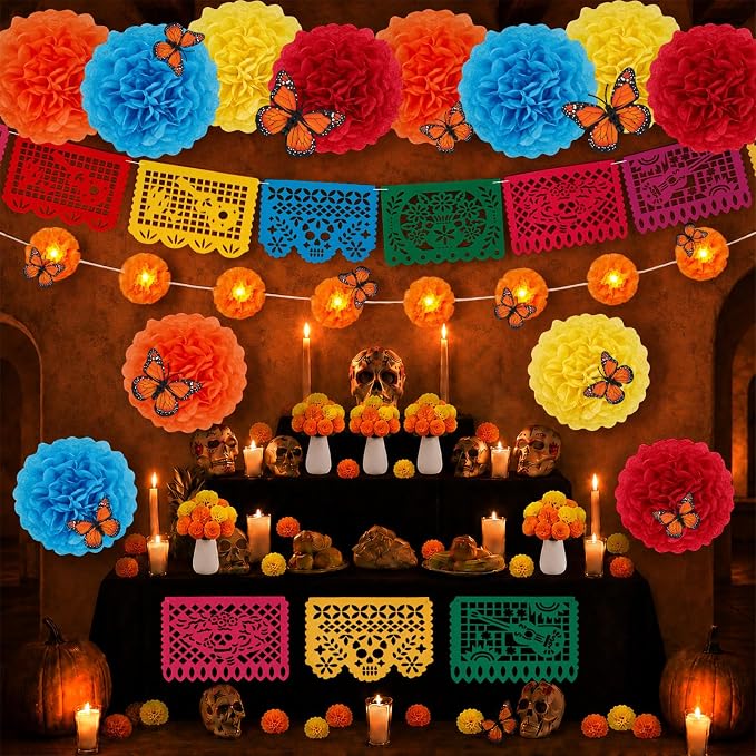 64 Pcs Dia De Los Muertos Decorations Set, Day of the Dead Decor - skull carpet