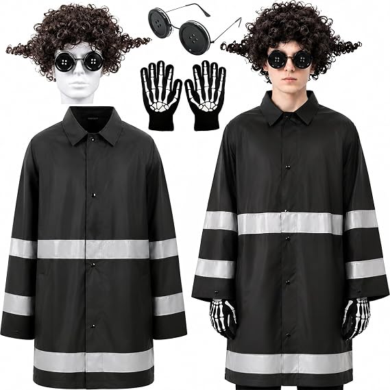 Humairc Spooky Raincoat Halloween Costume Accessories Set for Men & Teen Boys, Reflective Stripe Rain Jacket, Curly Wig, Button-Eye Glasses, Skeleton Gloves, Mysterious Cosplay Dress Up Props - skull jacket