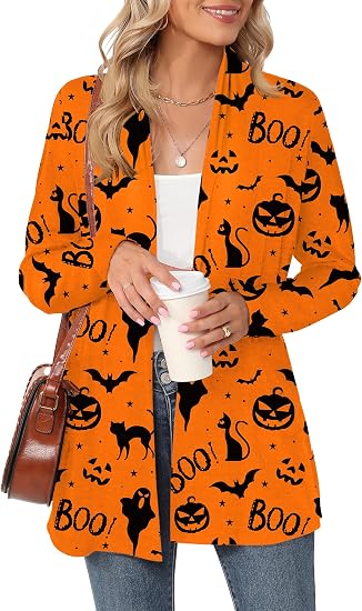 Womens Halloween Pumpkin Cardigan Graphic Print Lightweight Coat - skull jacket
