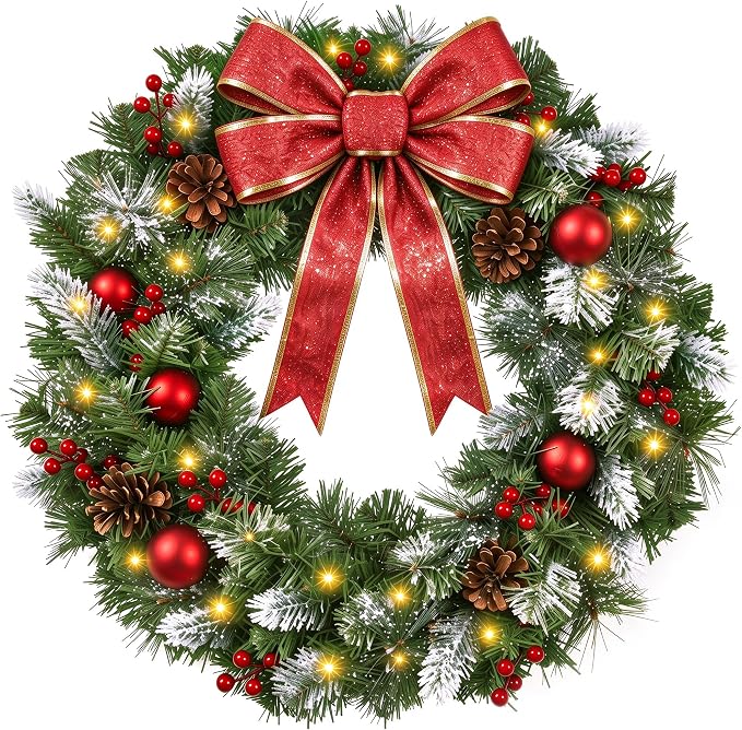 Pinkpum 24" Christmas Wreath with Lights & Bow, Pinecons & Berries - skull wreath