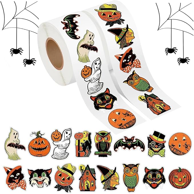 1000pcs Halloween Stickers, Vintage Style Pumpkin, Ghost, Owl, Bat 16 Designs, for Halloween Party Treat Bags, Holiday Decorations, 1.2 Inch - skull sticker