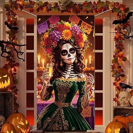Day of The Dead Door Cover Dia De Los Muertos Door Banner Sugar Skull Skeleton Floral Mexican Fiesta Backdrop Halloween Home Party Decor Outdoor Indoor Photo Props (3x6FT) - skull floor mat