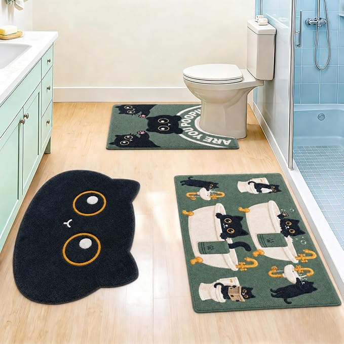 Funny Bathroom Rug U Shaped Toilet Rug Washable Black Cat Toilet Mat Bathroom Mat for Bathroom Kitchen Bedroom Home Decorations Gifts