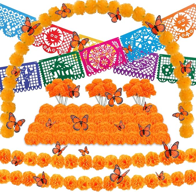 66pcs Day of The Dead Decorations Set,Include 1 Artificial Marigold Garland,30 Marigold Flowers with Stem,10 Mexican Banners Papel Picado,24 Butterfly for Dia De Los Muertos Indian Diwali Altar Decor - skull carpet