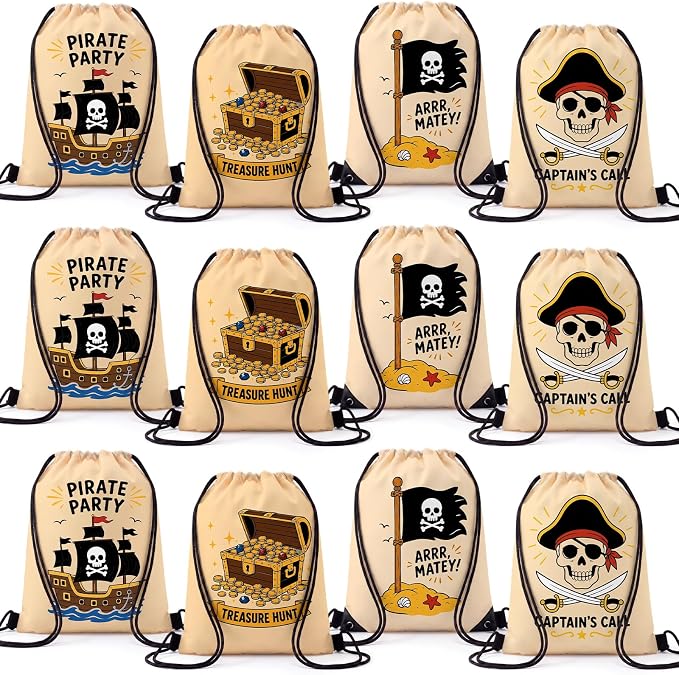 Aliceset 20 Pack Pirate Drawstring Gift Bags Bulk, Cute Goodie Treat Candy Gift Backpack with Treasure Ships Skull Flags Captain, Pirate Party Favors for Halloween Birthday Party(11.81x9.84) - skull backpack