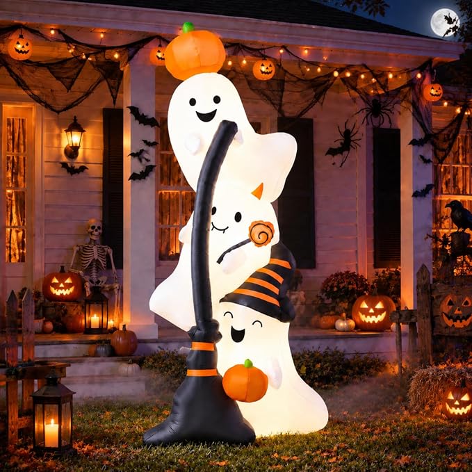 Halloween Inflatable Ghost, 7 ft Overlap Ghost with Pumpkin Witch Hat Broom