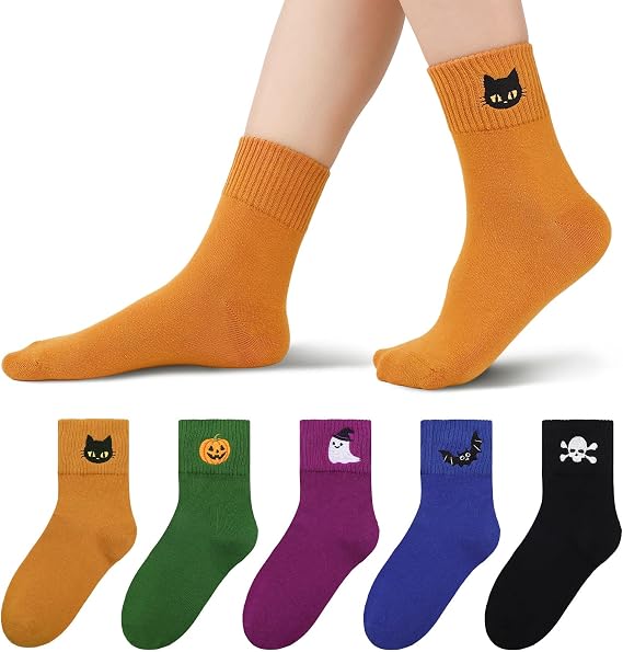 5 Pairs Halloween Socks for Women Cute Embroidered Crew Sock Gift - sugar skull costume