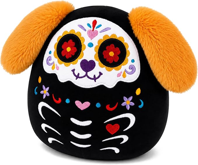 Black Dog Plush, Day of the Dead Stuffed Animal Sugar Skull Decor for Kids - skull figurine