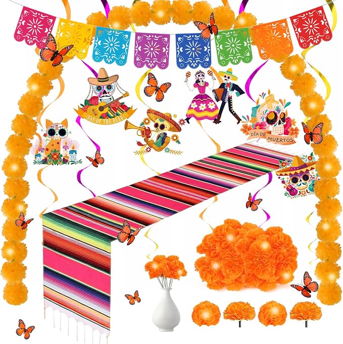 70 Pcs Day of The Dead Decoration Set Ofrenda Decorations for Altar 31 Marigold Flowers Garland 24 Dia De Los Butterfly 14 Day of The Dead Hanging Swirl Decorations,59 x 84 in Mexican Tablecloth - skull carpet