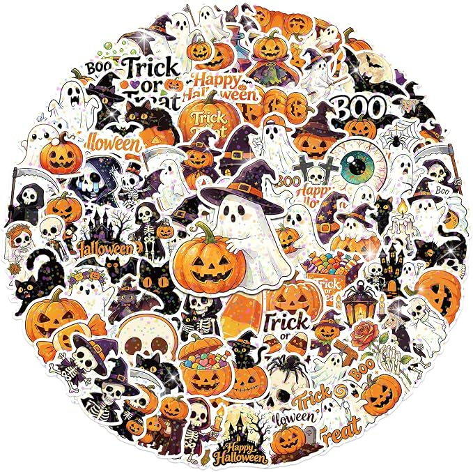 100 PCS Giata Glitter Holographic Halloween Stickers - skull sticker