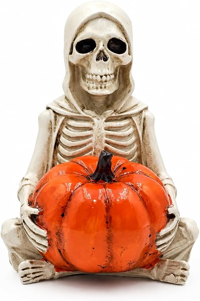 Halloween Skeleton Holding Pumpkin Figurine 4.72 ", Resin Gothic Skull Statue, Spooky Fall Harvest Tabletop Decor, Skeleton Pumpkin Decoration for Home Shelf Mantel Halloween Party Gift - skull figurine
