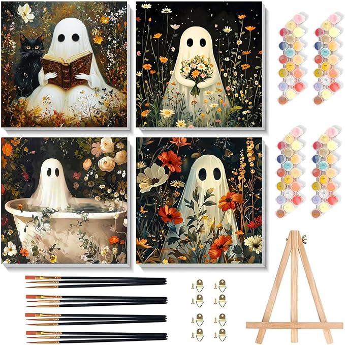 4 Pcs Halloween Paint by Numbers Kit for Adults with Frame (Ghost, 8x8 In) - skull painting
