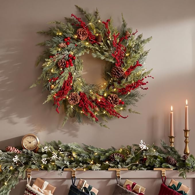 Yinder 20 Inch Christmas Wreath with LED Lights Red Berry Pinecones - skull wreath