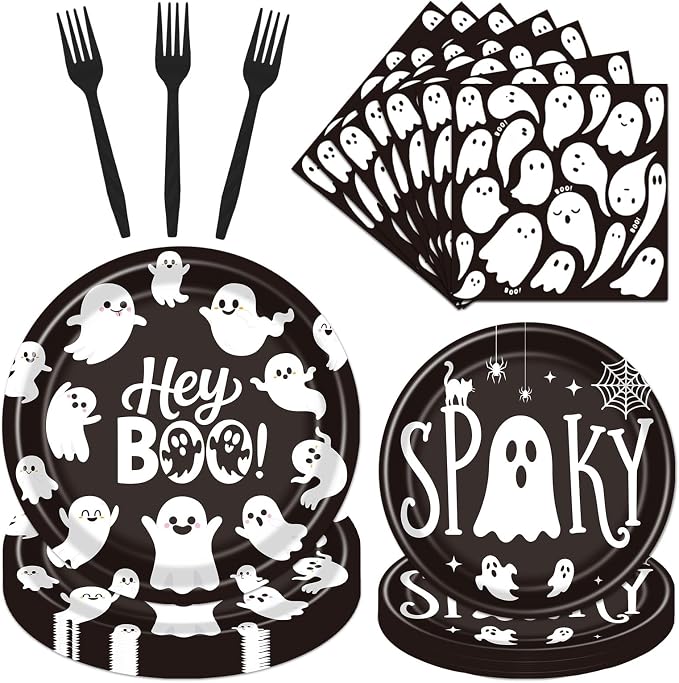 Halloween Ghost Party Decorations - 96 Pcs Black Spooky Tableware - skull plate