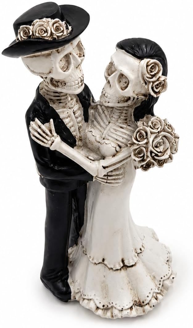 Skeleton Bride and Groom Figurine, Gothic Resin Wedding Couple Statue, Love Never Dies Skeleton Decor for Shelf, Bookshelf & Desk, Alternative Anniversary Wedding, 5.8 Inch - skull figurine