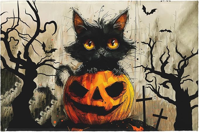 Black Cat Pumpkin Halloween Front Door Mat Black Orange Seasonal Area Rug 2x3 Fall Holiday Doormat Low Pile Throw Rugs Indoor Outdoor Entryway Carpet for Living Room Bedroom Decor - skull carpet