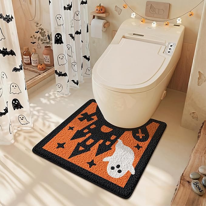Halloween Ghost Haunted House U-Shaped Orange Toilet Mat, Soft Plush Non-Slip Absorbent Bathroom Floor Mat with Spooky Ghost Castle, Fall Holiday Black Bath Rug 20x22 Inch (Orange Castle) - skull toilet mat