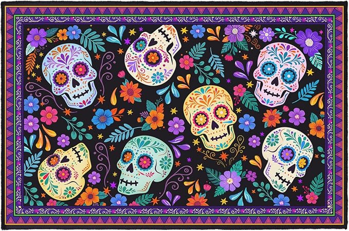 Dia De Los Muertos Area Rug 2x3 Colorful Sugar Skull Day of The Dead Front Door Mat Mexican Fiesta Entry Rugs Cinco De Mayo Indoor Outdoor Entryway Carpet Halloween Welcome Mat - skull carpet