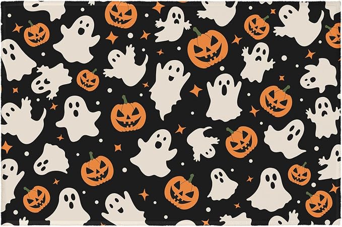 Halloween Ghost Area Rug 2×3 Orange Black White Cute Spooky Pumpkin Front Door Mat Fall Halloween Holiday Welcome Mat Indoor Outdoor Small Rugs for Entryway Kitchen Bathroom Living Room