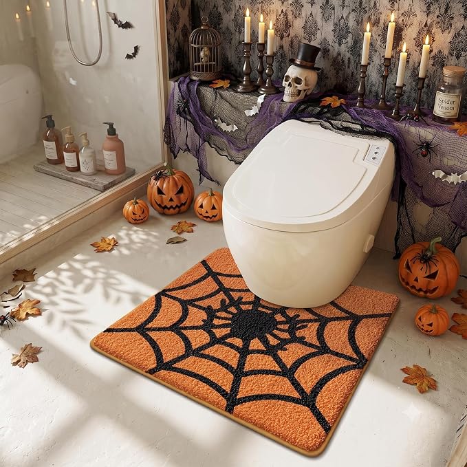 Halloween Spider Web Toilet Rug, Soft Non-Slip U-Shaped Bathroom Contour Mat with Cobweb, Ultra Absorbent Plush Halloween Decor Toilet Floor Mat, Fall Holiday Bath Rug 20x22 Inch (Orange Web) - skull toilet mat
