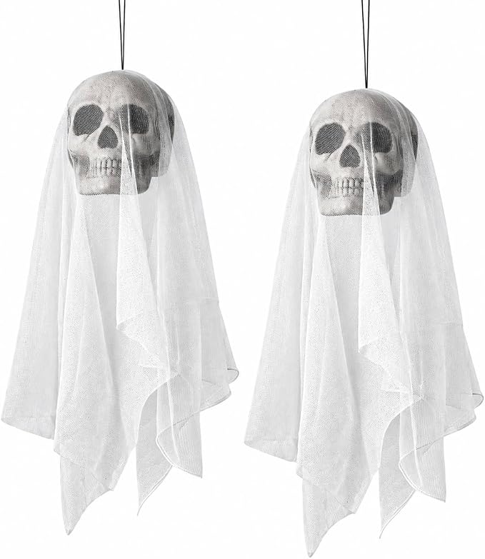2 Pack Halloween Hanging Skeleton Skull Decor with Draping Fabric Outdoor Flying Ghost Prop, Spooky Floating Grim Reaper Yard Decorations for Haunted House Display
