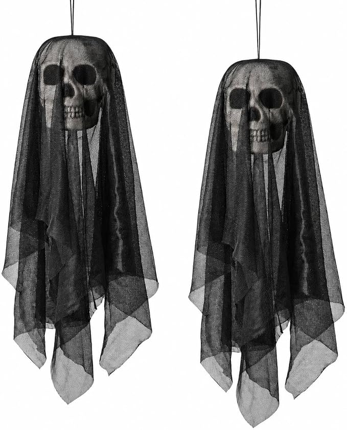 2 Pack Halloween Hanging Skeleton Skull Decor with Draping Fabric Outdoor Flying Ghost Prop, Spooky Floating Grim Reaper Yard Decorations for Haunted House Display - skull wreath