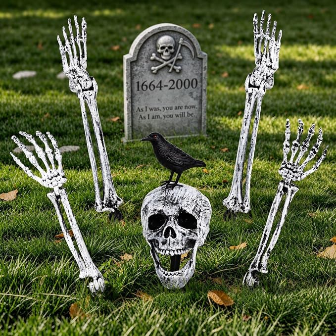 Skeleton Hands Feet & Head Halloween Yard Stakes with Crow, Skeleton Halloween Decor, Skeleton Decorations, Halloween Outdoor Skeletons, Skeleton Bones for Lawn Garden Graveyard - skeleton