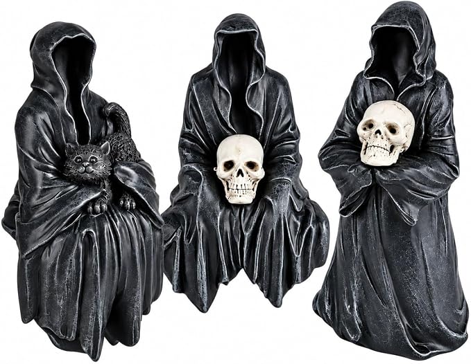 Halloween Decorations Indoor, 3-Piece Resin Grim Reaper Figurines Set with Skulls & Black Cat, Spooky Gothic Decor for Home, Halloween Shelf Decor, Tabletop, Cabinet, Mantel & Bookshelf - skull figurine