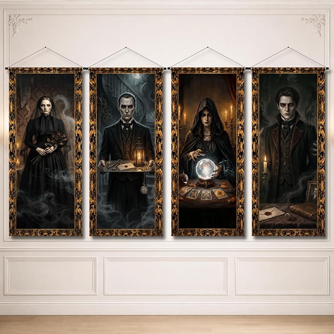 Halloween Decorations 4 PCS Haunted Mansion Portraits Wall Hanging Banner - skull wall art