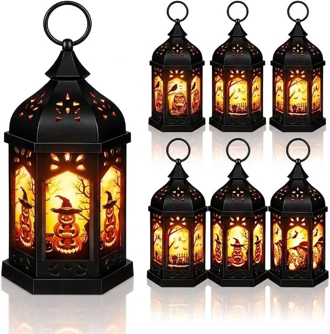 Halloween Lanterns with LED Candle, 6 Pack Large Black Lanterns with Halloween Printed Glass, Battery Operated Flickering Lights, Spooky Halloween Decorations for Home