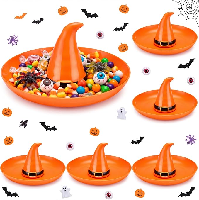 6 Pcs Halloween Candy Tray, Orange Witch Hat Round Plates, 9 Inch - skull plate