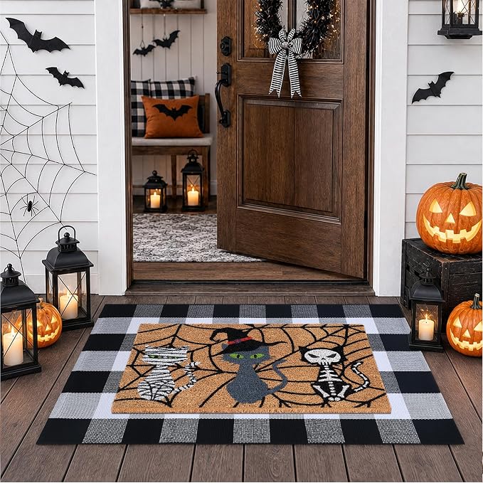 Halloween Door Mat Set, 100% Coir Doormat & 43*28 Inches Buffalo Plaid Rug - skull floor mat