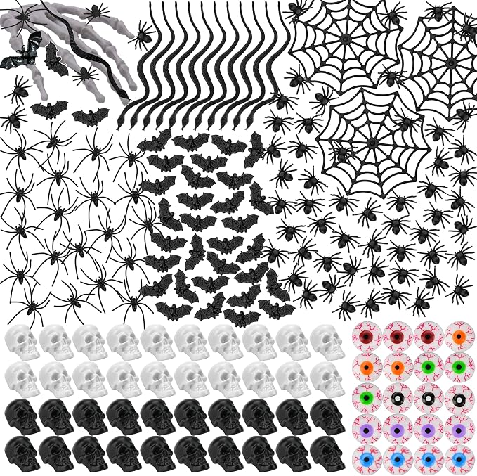 200Pcs Halloween Miniatures Set Mini Plastic Bats Snakes Spiders - skull figurine