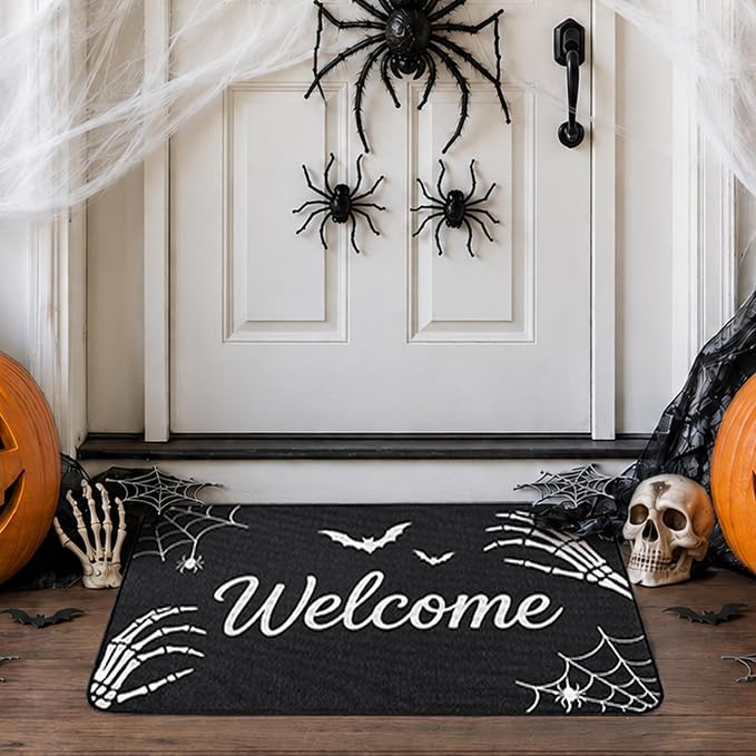 Halloween Skeleton Door Mat, Skull Front Welcome Rug, Spooky Outdoor Decor
