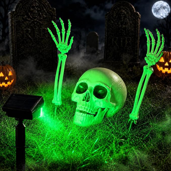 Solar Halloween Lights Outdoor with Skeleton Head and Hands - skeleton