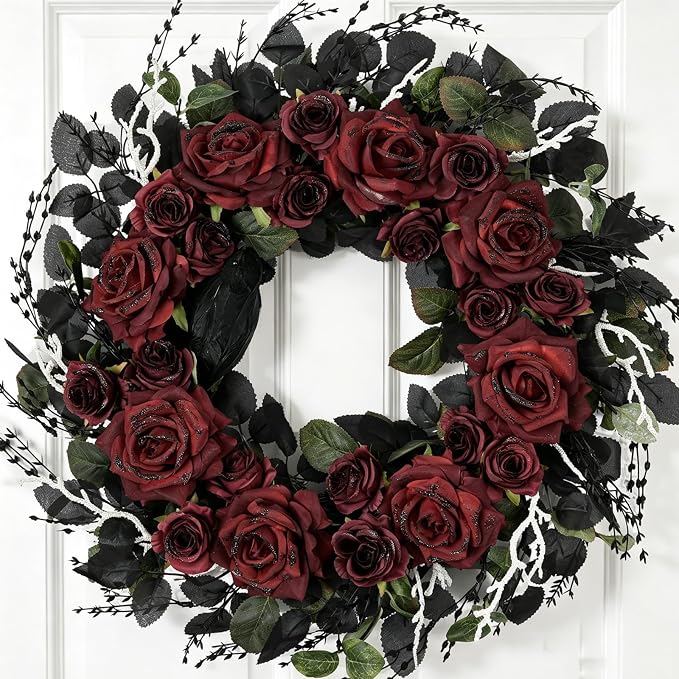 22 Inch Fall Halloween Black Red Roses Wreath for Front Door - skull wreath