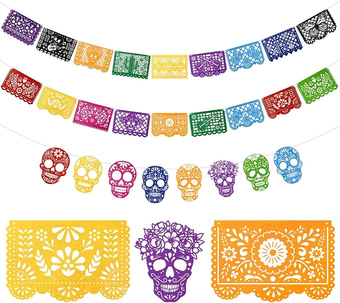 Dia de los Muertos Decorations Day of the Dead Papel Picado Banner Colorful Felt Sugar Skull Hanging Garland for Mexican Dia de los Muertos Altar Ofrenda Decorations Cinco de Mayo Celebrations Flag - skull carpet