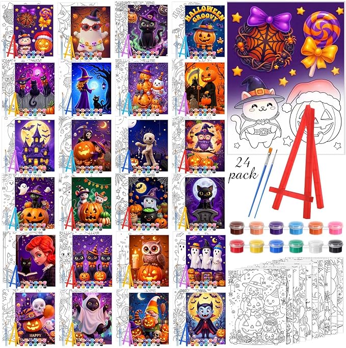 Blosssound 24 Set Halloween Pre Drawn Canvas 5x7'' with Easel - skull painting