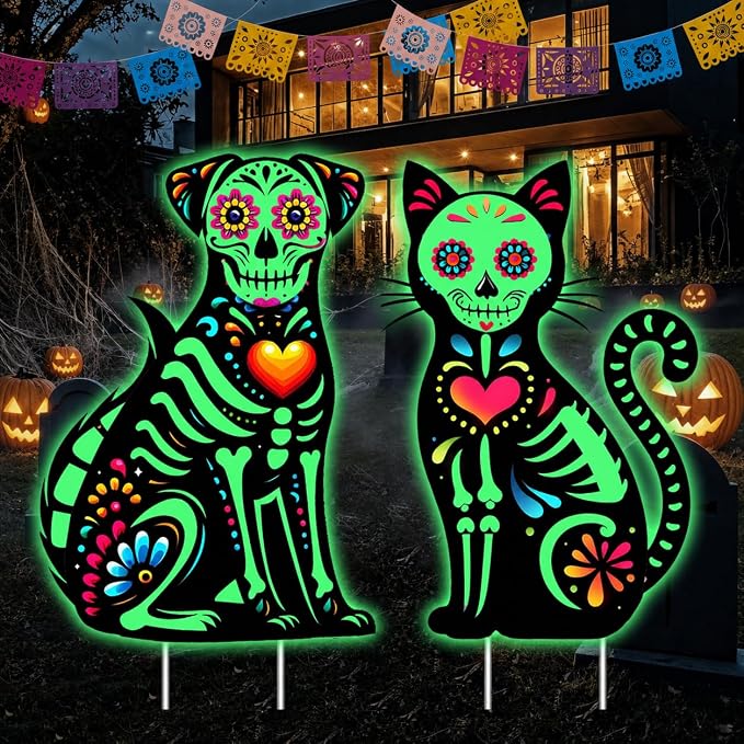 2 Pcs Pack Day of The Dead Yard Signs Dia De Los Muertos Outdoor Decorations Glow in The Dark Sugar Skull Cat Dog Skeleton Yard Lawn Signs for Mexican Fiesta Festival Halloween Party Supplies Decor - skull inflatable