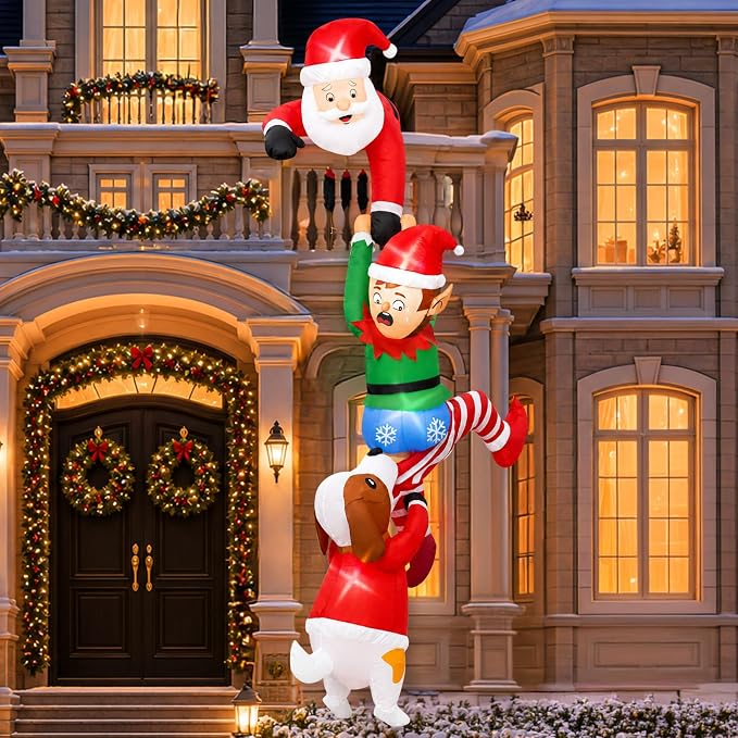 10FT Hanging Christmas Inflatables Outdoor, Santa Pulling Elf with Dog - skull inflatable