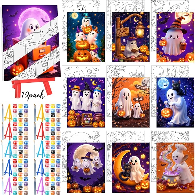 Blosssound 10 Set Halloween Pre Printed Canvas for Painting 5x7" CuteGhost - skull painting