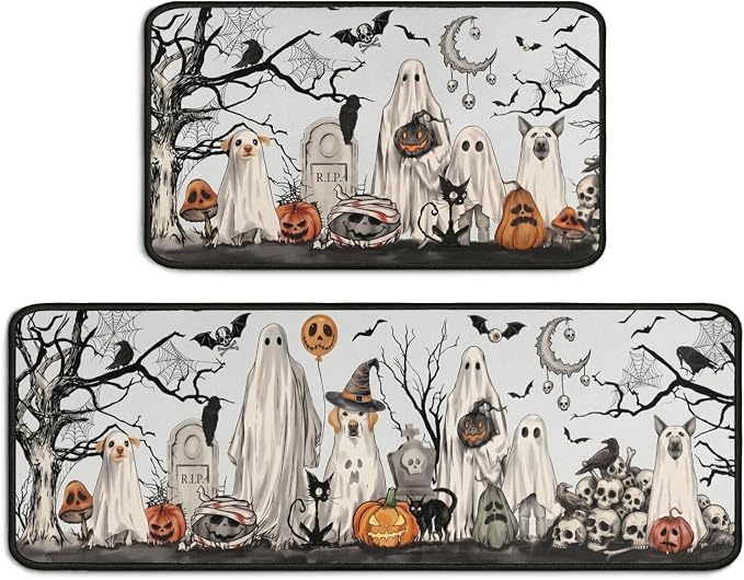 Halloween Kitchen Rugs Set of 2, Non Slip Washable Halloween Kitchen Mat Decor Spooky Horror Floor Mat Indoor Rug Kitchen Decorations - skull floor mat