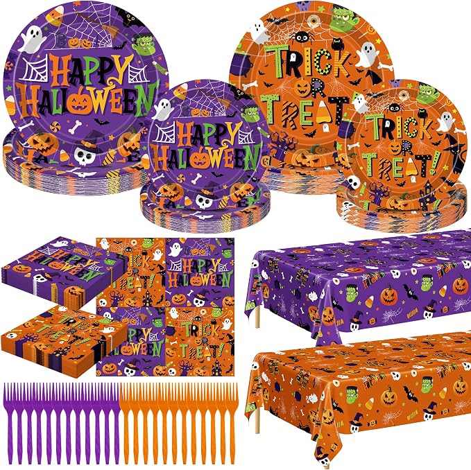 122PCS Halloween Plates Set, Halloween Party Decorations for 30 Guests - skull plate