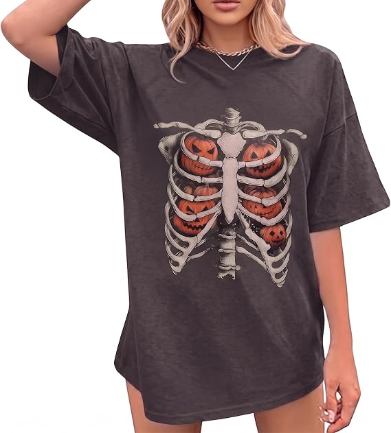 Halloween Shirts Women Skeleton Pumpkin Graphic T Shirt Vintage Grunge Tops - skull tshirt
