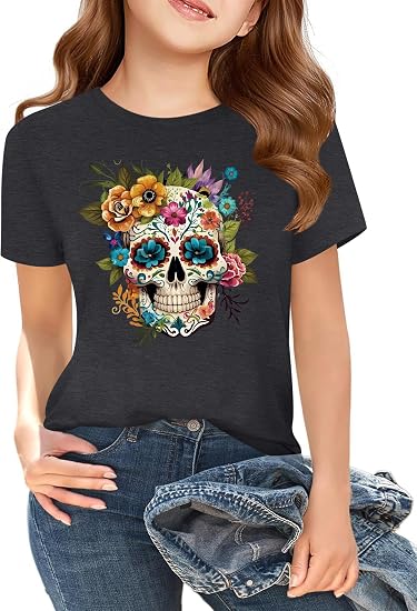 Boys Girls Dia De Los Muertos Shirt Day of The Dead Short Sleeve Tops 5-14y - sugar skull makeup