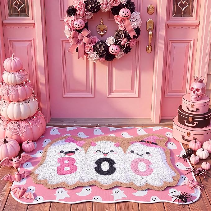 Tinideya 2 Pcs Pink Halloween Ghost Doormat Set Layered Boo Welcome Mat