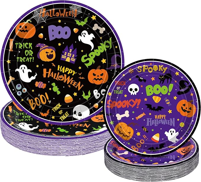48PCS Halloween Paper Plates, Cartoon Halloween Decorations for 24 Guests - skull plate